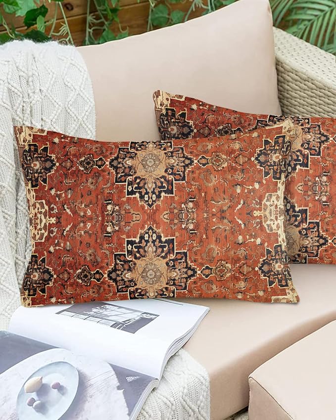 Southwest Outdoor Pillow Covers Waterproof, All Weather Cushion Case Set of 2, Geometric Stripe Boho Native Flower Print Lumbar Pillowcase for Sofa Couch Bed Decor Patio Furniture 20"x12"