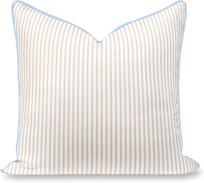 Hofdeco Premium Coastal Hampton Patio Indoor Outdoor Throw Pillow Cover Only, 20"x20" Water Repellent for Backyard, Couch, Poolside, Neutral Tan Blue Print Stripes
