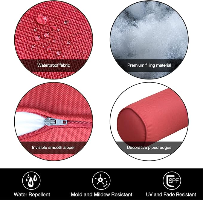 Indoor/Outdoor Bolster Pillows, Bright Red, 16x6 inches | Solid Round Lumbar Cylinder, Set of 2, For Outdoor Furnitures