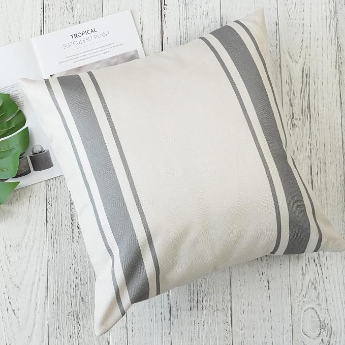 ONWAY Outdoor Pillow Covers Waterproof 20x20 Set of 2 Decorative Linen Throw Pillow Cover Beige and Grey Striped Outdoor Pillows for Patio Furniture