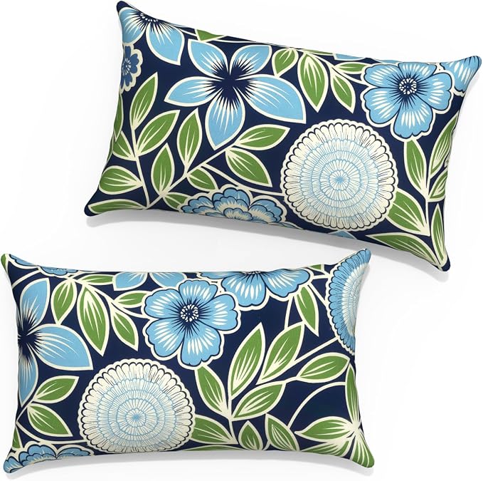12x20 Inch Lumbae Pillow Covers, Rectangle Waterproof Throw Covers Set of 2, Decorative Patio Furniture Cushion Cases for Porch Garden, Azure Botanical Symphony