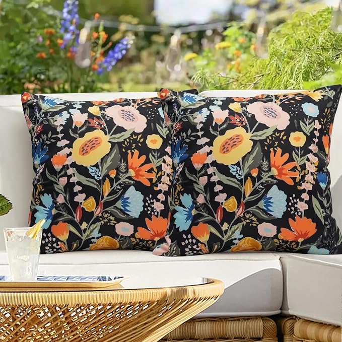 Floral Outdoor Throw Pillow Covers 16x16 Waterproof Colorful Summer Spring Garden Decorative Square Patio Pillows Outdoor Pillows Covers for Patio Furniture Set of 2 (No Pillow Insert)