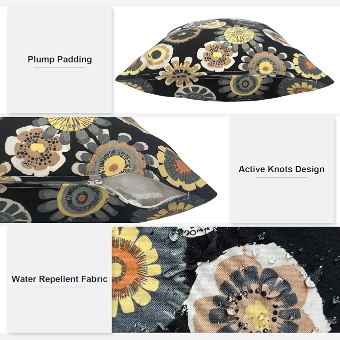 Outdoor Lumbar Pillows, Water Repellent Cushion Pillows 12x20 Inch, Outdoor Pillows with Inserts for Home Garden, Pack of 2, Black Yellow Crosby