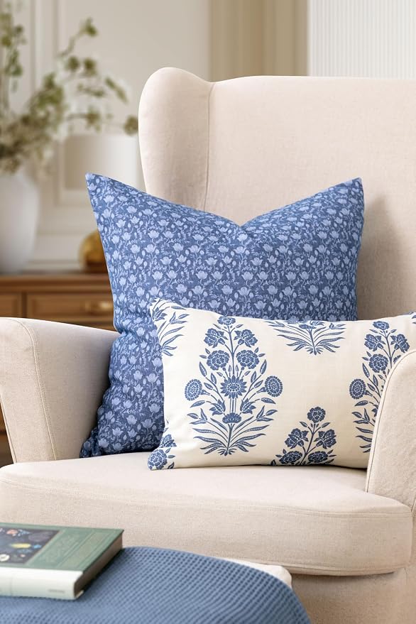 California Casual Coastal Indoor Outdoor Lumbar Pillow Cover, 12"x20" Water Repellent for Patio, Backyard, Couch, Poolside, Azure Blue Print Floral