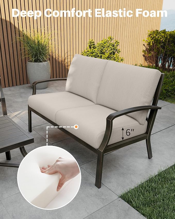 4-Piece Outdoor Sofa Set, Never Rusts Aluminum Patio Sofa Set with Coffee Table, Patio Furniture Set Outdoor Conversation Set with Removable Cushions for Patio, Backyard, Porch, Dark Bronze