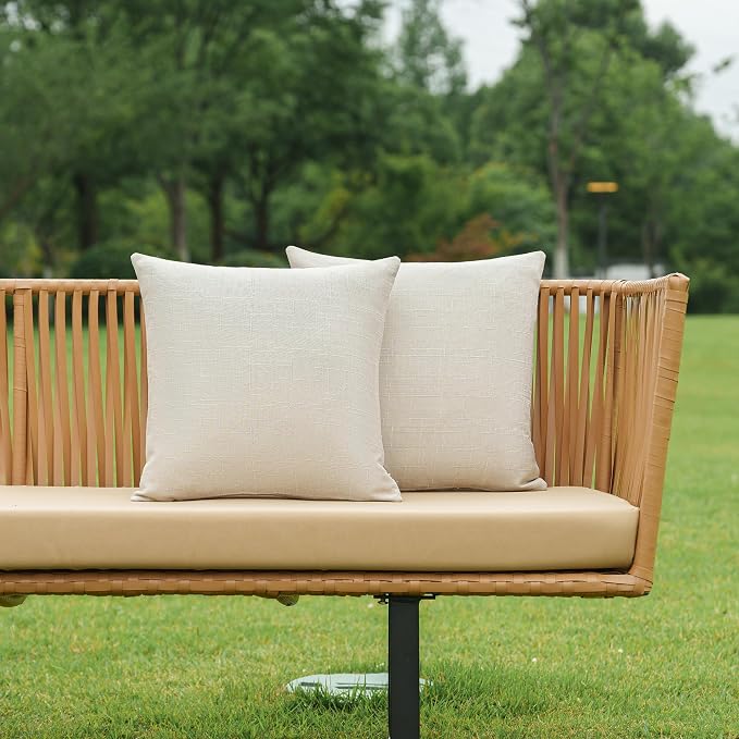 NiNi ALL Waterproof Outdoor Pillow Covers 20x20 Set of 2 Patio Beige | Faux Linen Textured Decorative Solid Throw Pillow Covers Farmhouse for Garden Furniture Tent Balcony Couch Sofa Cushion