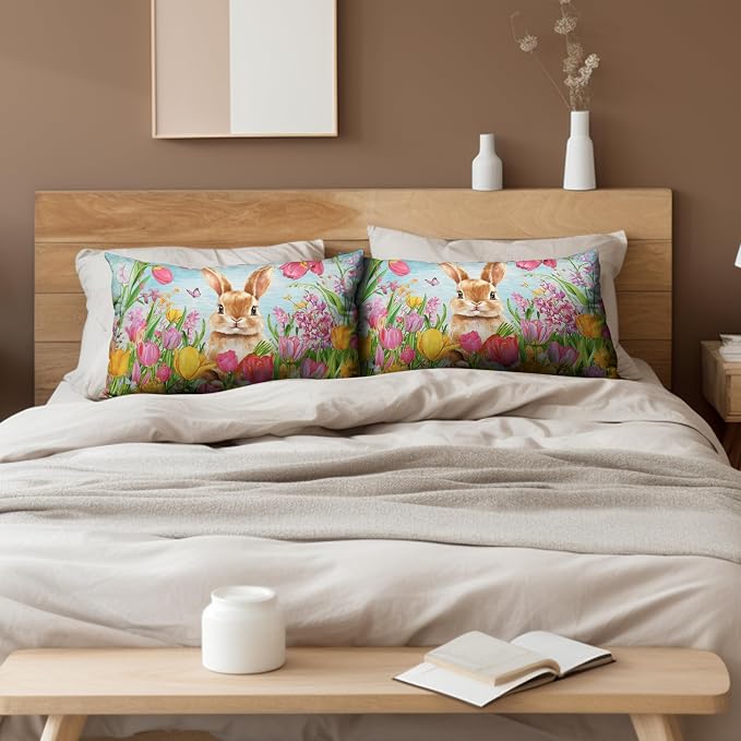 Easter Bunny Lumbar Pillow Covers 12x20 Set of 2 Lovely Rabbit with Tulip Throw Pillow Covers Spring Pillow Case Floral Cotton Blend Cushion Case for Easter Decor Sofa Patio Garden