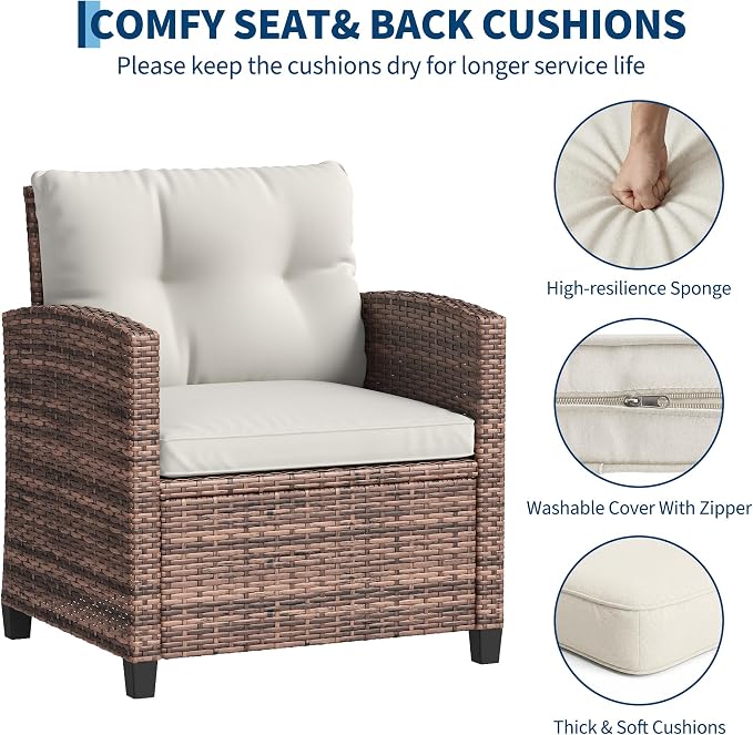3-Piece Patio Furniture Set, PE Rattan Wicker Outdoor Sofa Set with Washable Cushions & Tempered Glass Tabletop, Conversation Set for Garden, Poolside, Balcony (Brown Wicker & Beige Cushions)