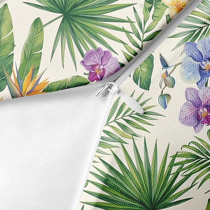 Throw Pillow Covers, Tropical Floral, 18 x 18 Inch, Set of 2 | Botanical Hawaiian Outdoor Waterproof Pillowcase Square Cushion Case Farmhouse Garden Decorative for Couch Beach Patio