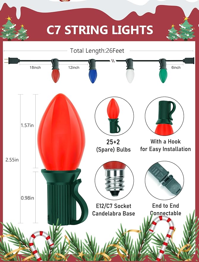 C7 Multicolor Ceramic Christmas Lights Outdoor, 26Ft Vintage Christmas Decorations Lights with 27 5W Incandescent Ceramic Bulbs(2 Spare), Hanging Old Fashioned String Lights for Patio Party Xmas Decor