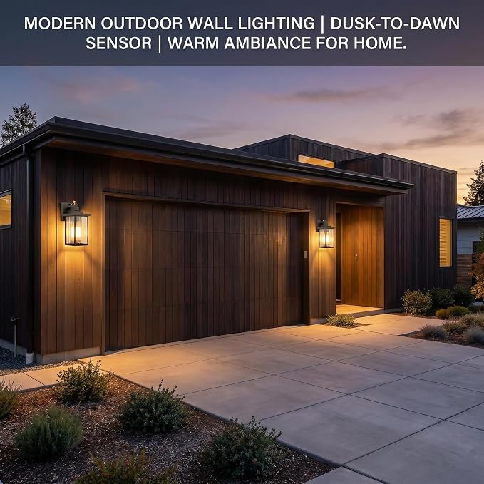 Black Dusk to Dawn Wall Mount Porch Lights, Exterior Light Fixtures | Auto On and Off, Anti-Rust Metal Frame, Tempered Glass, E26 Socket, Easy DIY Install on Porch, Garage
