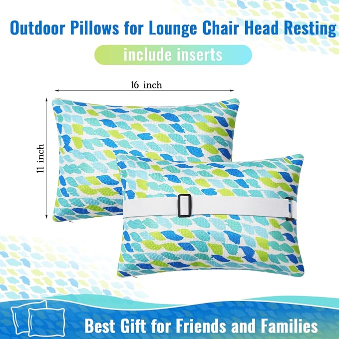 Juexica 2 Pack Chaise Lounge Pillow with Strap Outdoor Waterproof Beach Chair Neck Headrest Pillow Adjustable Elastic Band for Hammock Lumbar Recliner Pillows for Patio Pool Chair(Blue Green Pattern)