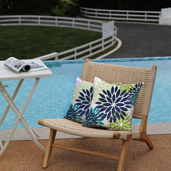 DFXSZ Outdoor Waterproof Pillow Covers 16x16 Set of 2 NavyBlue Green Flower | Spring Summer Waterproof Flower Throw Pillowcases（No Inserts）Outdoor Decor for Patio Funiture Garden Polyester Covers