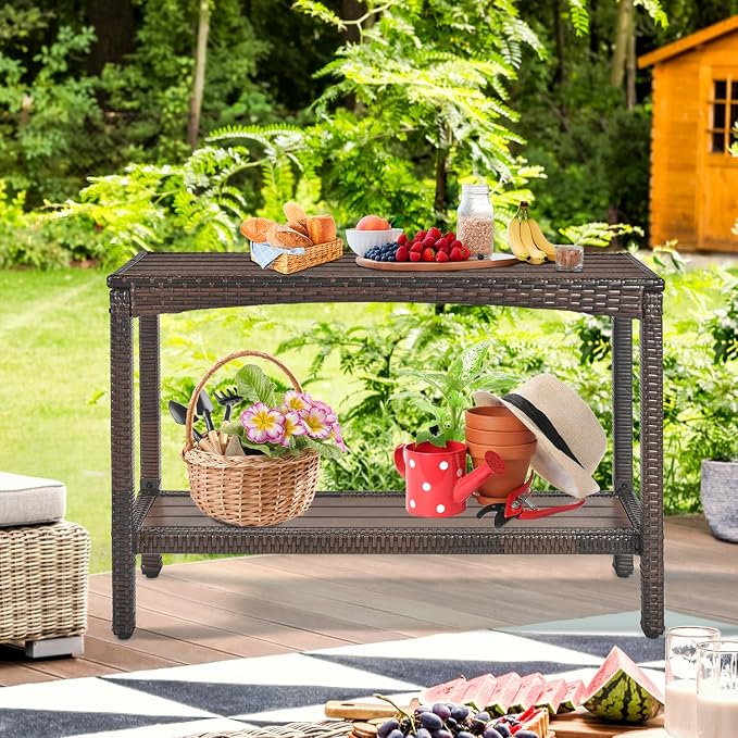 Outdoor Console Table Patio Buffet Bar Storage Organizer 55" Long Wicker Sofa Serving Sideboard Table 2-Shelf Outdoor Narrow Bar Table Tall Rectangle with Adjustable Feet for Entryway Brown