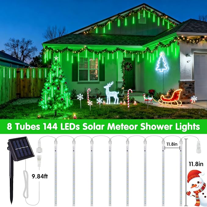 JMEXSUSS Green Solar Lights Outdoor for Halloween, 8 Tube 144 LEDs | Solar Meteor Shower Rain Lights, Green Christmas Light for Tree Eaves Yard Fence Porch Decor