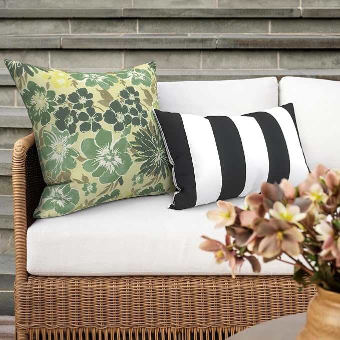 Outdoor 16x16 Inch Throw Pillow Covers Set of 2, Covers ONLY, All Weather Square Pillow Cases, Patio Cushion Pillow of Home Furniture Use, Green Rose