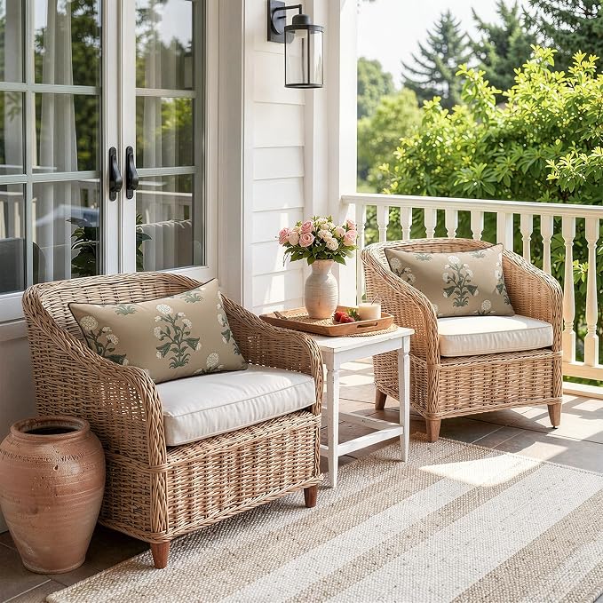 MIULEE Floral Outdoor Lumbar Pillow Covers with Inserts 12x20 Brown | Set of 2 Waterproof Decorative Throw Pillows with Piping,Vintage Fade Resistant, Patio Furniture Summer Garden Couch Sofa