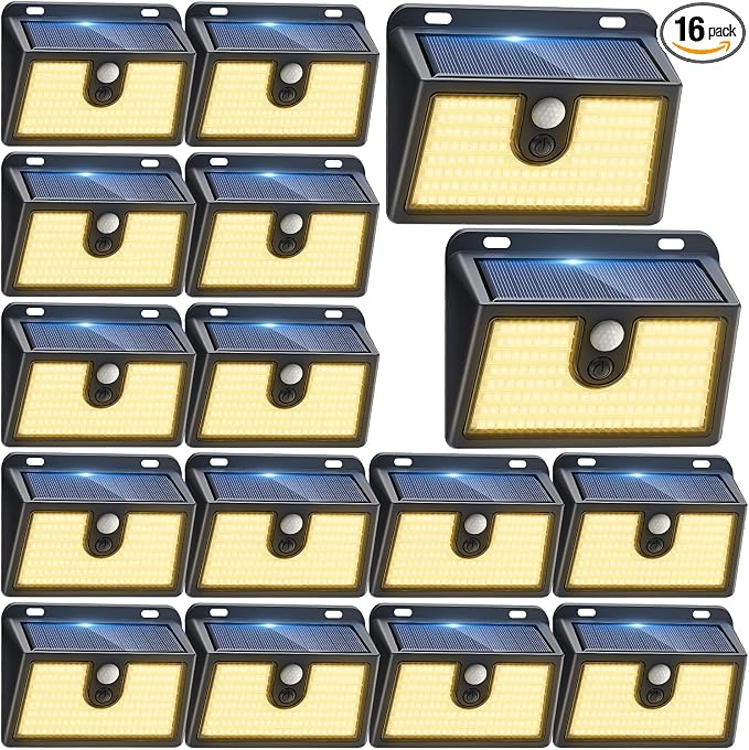[16 Packs] Solar Motion Sensor Outdoor Lights, Super Bright Solar Lights Outdoor Waterproof, 3 Lighting Modes Security Wall Light for Outside Walking Dog Fence Backyard Deck Garden Door Step Garage
