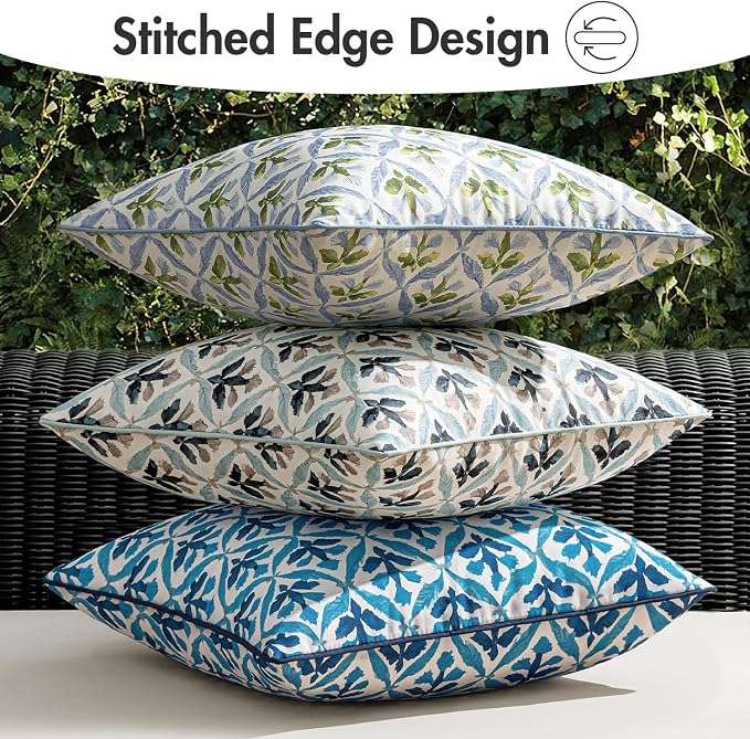 MIULEE Outdoor Floral Pillow Covers Waterproof 18x18 Navy Blue | Decorative Block Print,Boho Farmhouse, Set of 2 Coastal Summer Cushion Covers with Piping,Garden Patio Furniture Porch Couch