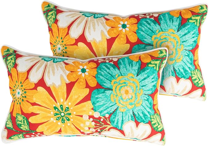Magpie Fabrics Pack of 2 Outdoor Lumbar Pillow Case Covers 12"x20", Waterproof Rectangular Throw Pillowcase Shell Decorative Sham for Patio Garden Couch - Embry Red Hibiscus