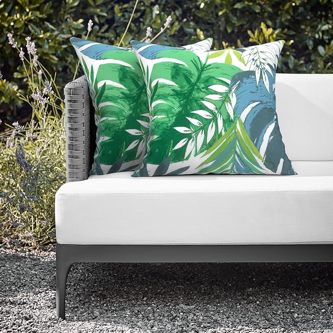 Outdoor Throw Pillows 16x16 Inch, Water Repellent Patio Pillows with Inners Set of 2 for Patio Furniture Home Garden, Islamorada Blue Green
