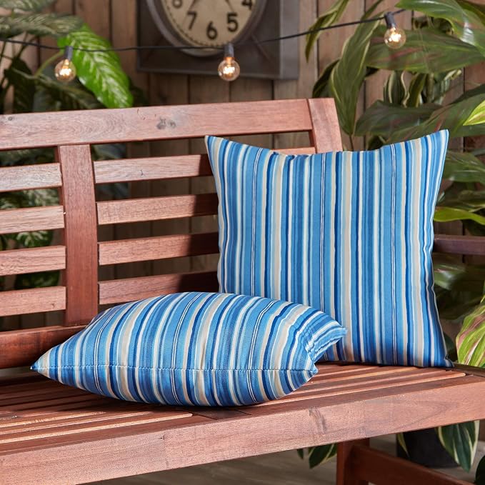 South Pine Porch Outdoor 17-inch Square Accent Pillow (Set of 2), Sapphire Stripe