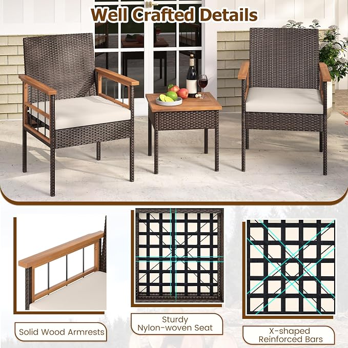 HAPPYGRILL 3 Piece Patio Conversation Set, Outdoor Wicker Furniture Set with Acacia Wood Coffee Table, 2 Rattan Chairs & Cushions, Patio Bistro Set for Porch, Garden, Backyard, Poolside
