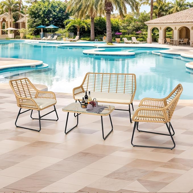 4 Piece Outdoor Wicker Patio Conversation Bistro Set, Rattan Patio Furniture Set with Table and Cushions, Conversation Loveseat Chairs for Backyard, Balcony, Beige