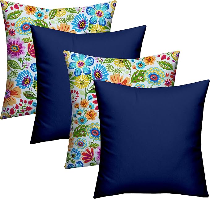RSH DECOR Set of 4 Square Throw Pillows | Indoor/Outdoor All Weather Polyester Fabric | Decorative Accent Pillows for Patio Furniture | Reversible | 17" x 17" | Gregoire Fresco + Veranda Blue