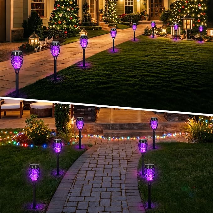8 Pack Solar Lights Outdoor, Purple Flickering Flame Torches | Purple Flickering Flame, Long Nighttime Glow, Auto-On at Dusk, IP65 Weather-Resistant, Tool-Free Ground Setup