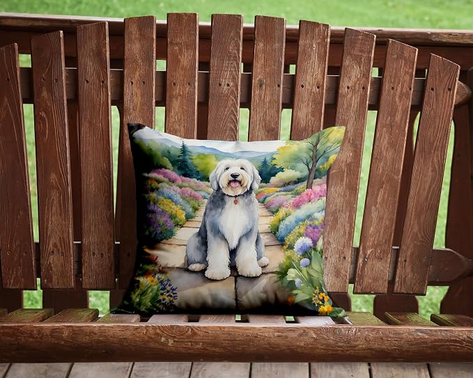 Caroline's Treasures Old English Sheepdog Spring Path Throw Pillow Machine Washable, Indoor Outdoor Decorative Pillow for Couch, Bed or Patio, 14Hx14W
