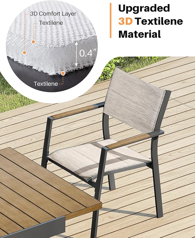 Patio Stacking Dining Chairs, Never-Rust Aluminum Stackable Patio Chairs Set of 2, Upgraded 3D Double-Layer Textilene Outdoor Dining Chairs, Patio Dining Chairs for Deck, Garden, Balcony, Teak