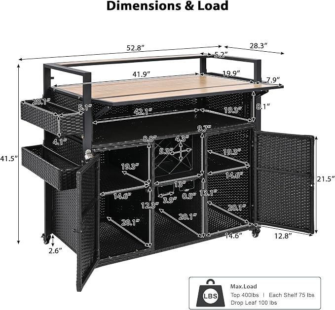 52.8" W Wicker Outdoor Bar Cart Table with Extended Plastic Wood Table Top, Outdoor Grill Cart with Large Storage Cabinet, for Patio Backyard Garden Poolside, Double Handle Design, Black