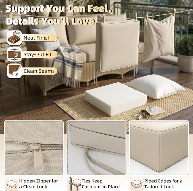 Srora 2Pcs Outdoor Deep Seat Patio Cushions, 5-Inch Thick Outdoor Chair Cushions, Waterproof 300GSM Colorwoven Fabric, 1200H+ Fade Resistant, Hidden Zipper Covers, 2 Ties, Outdoor Cushions