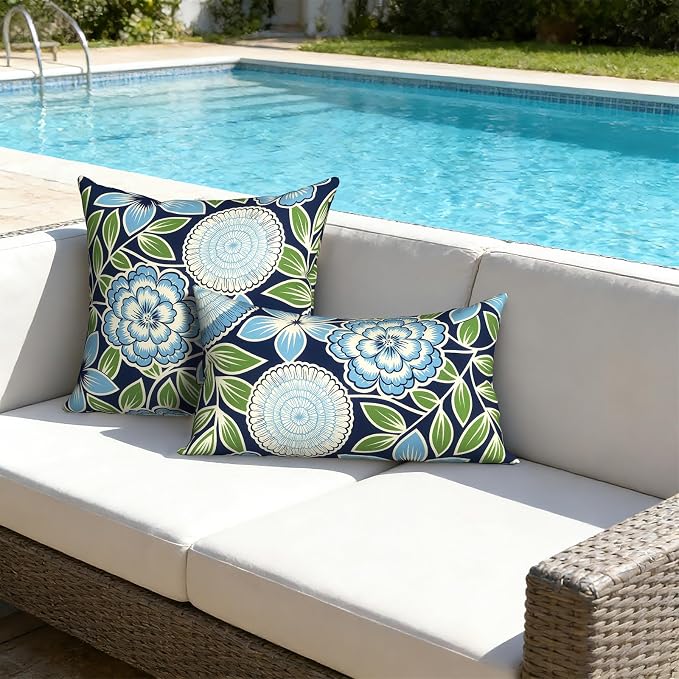 12x20 Inch Lumbae Pillow Covers, Rectangle Waterproof Throw Covers Set of 2, Decorative Patio Furniture Cushion Cases for Porch Garden, Azure Botanical Symphony