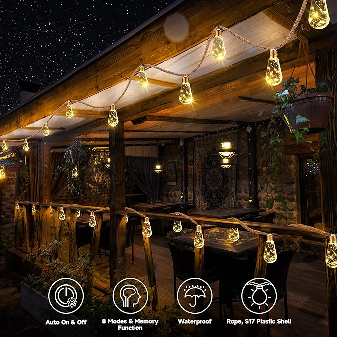 Solar Outdoor String Lights, 2 Pack 20Ft Vintage Rope Hemp Solar Patio Lights, Waterproof Warm White Solar Powered String Lights With 8 Modes 16 Shatterproof Bulbs for Fence Stairs Balcony Café Bistro