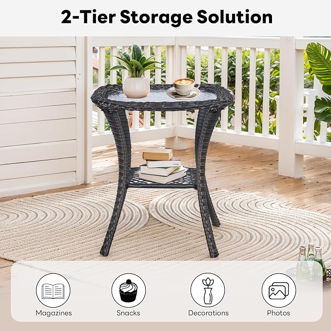 Belord Outdoor Furniture Set Patio Wicker Chairs, 3 Peices Porch Rattan Furniture with Side Table, Deep Seating Patio Bistro Chair Sets (Red Cushion)