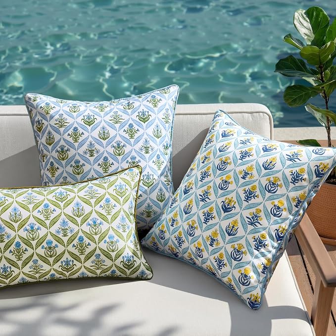 ANRODUO Floral Outdoor Waterproof Pillow Covers Set of 2 Blue 16x16 Inch | Square Block Print Decorative Cushion Cases With Refined Edge Piping for Summer Patio Porch Garden Couch Sofa Bench Decor