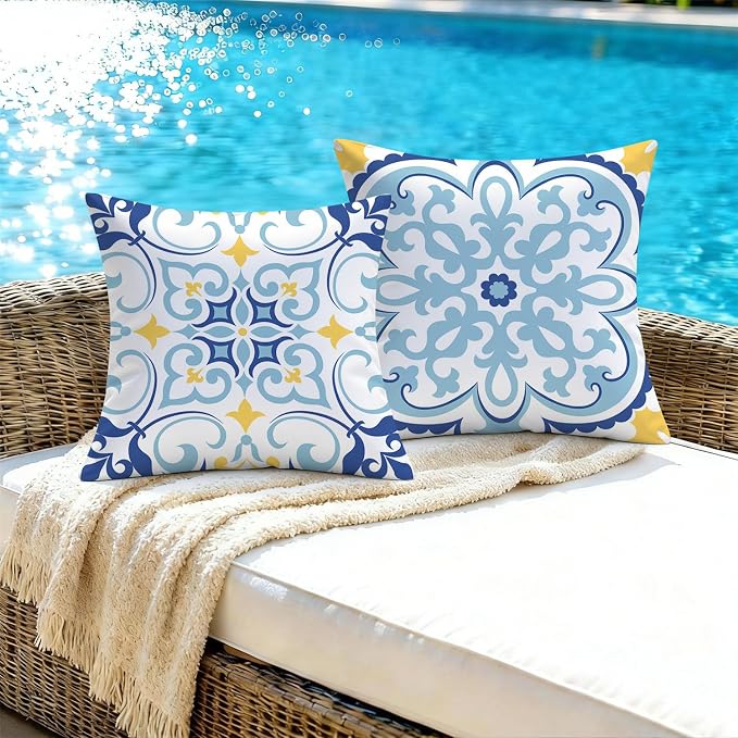 NIGHTWISH Outdoor Waterproof Pillow Covers 20x20 Set of 4 Blue Boho Decorative Outdoor Throw Pillows Floral Cushion Cases for Patio Furniture Bench Couch Sunbrella