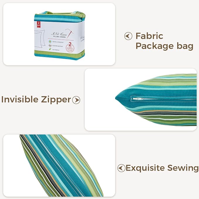 Throw Pillow Covers Set of 2, Outdoor Indoor Waterproof Patio Throw Pillowcase Shell 18x18 Inch, Square Cushion Case for Couch Sofa Garden Farmhouse-Green Stripe