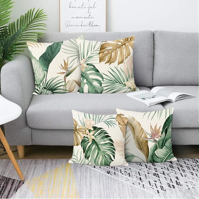 Bonhause Tropical Leaves Throw Pillow Covers 16 x 16 Inch Green Brown Leaf Decorative Pillow Cases Polyester Linen Outdoor Cushion Covers for Sofa Bed Home Decor Set of 4