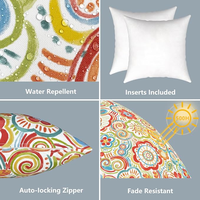 LVTXIII Outdoor Throw Pillows, Decorative Throw Pillows with Inserts, 20"x20" Square Pillows for Bed, Couch, Sofa and Patio Furniture, Set of 2, Flower Multi