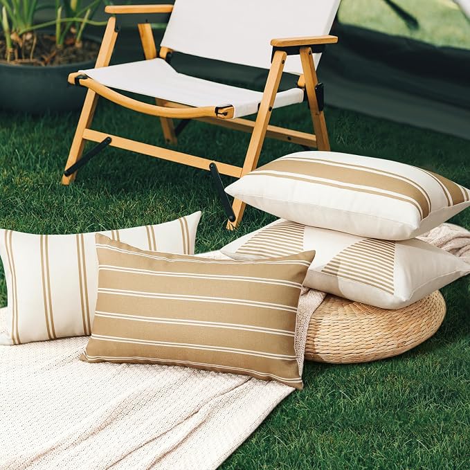 OTOSTAR Outdoor Decorative Pillow Covers Waterproof Garden Throw Pillow Covers 12x20 Inch Cushion Case Geometry Throw Pillowcases Pillows Shell for Patio Furniture Couch Tent Pack of 4 (Light Coffee)