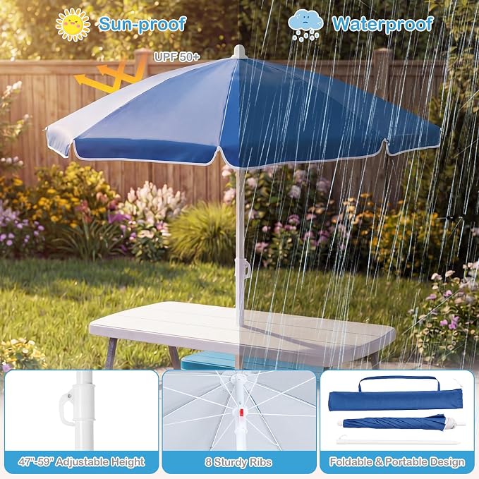 Costzon Kids Picnic Table, Toddler Outdoor Table & Bench Set with Removable Umbrella, HDPE Tabletop, Metal Frame, Kids Outdoor Furniture for Patio Backyard Garden, Fits 4 Children Age 3+ (Blue)