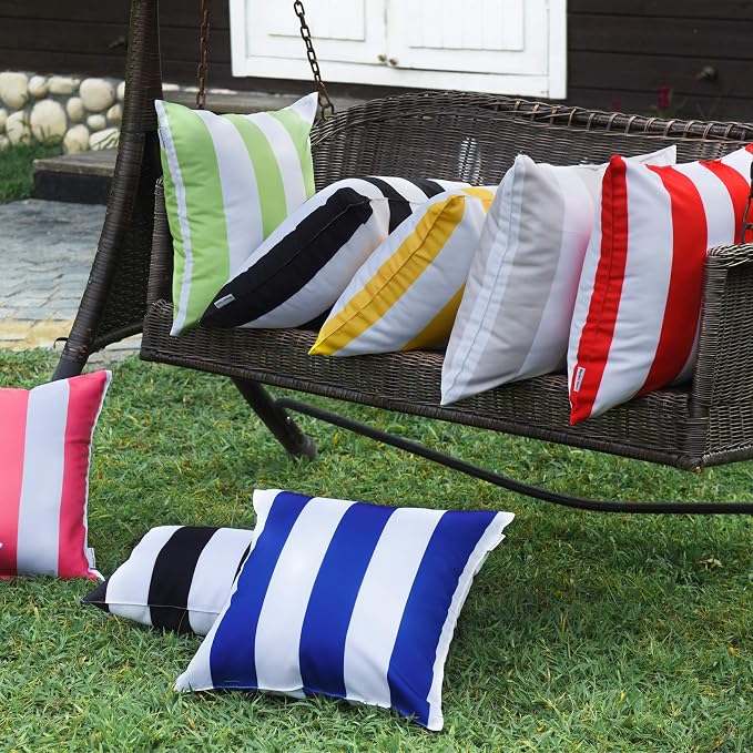 Pack of 2 Decorative Outdoor Waterproof Striped Throw Pillow Covers 20x20 | Green, Solid, Polyester Linen Garden Farmhouse Cushion Cases for Couch Sofa Patio Tent Balcony