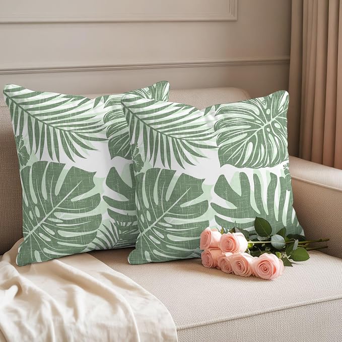 Green Palm Leaves Outdoor Pillow Covers 18"x18" Set of 2, Tropical Botanical Minimalist Modern Waterproof Throw Pillow Covers for Patio Furniture, Decorative Cushion Covers for Porch