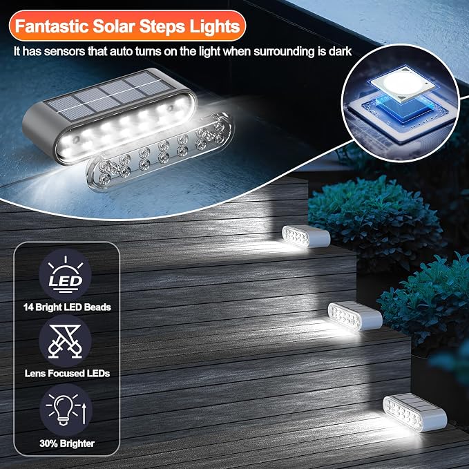 Solar Step Lights for Outside, 8-Pack Stair Light Outdoor Waterproof IP67, 14 LED Cool White Light Solar Powered Lighting for Steps, Stairs, Deck, Patio, Walkway, Front Porch Decor