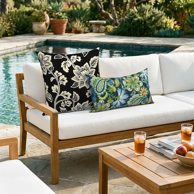 20x20 Inch Pack of 2 Patio Throw Pillow Covers ONLY, Water Repellent Cushion Cases, Square Pillowcases for Outdoor Couch Decoration, Elegant Vines Black