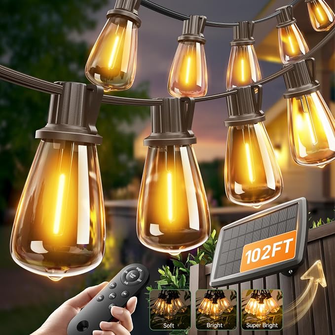 addlon 102FT(96+6) Solar String Lights Outdoor with Remote, Last 30+ Hrs | Waterproof Patio Lights with 30 Shatterproof LED Bulbs, Dimmable & Timable Solar Light for Backyard Camping Garden Decor