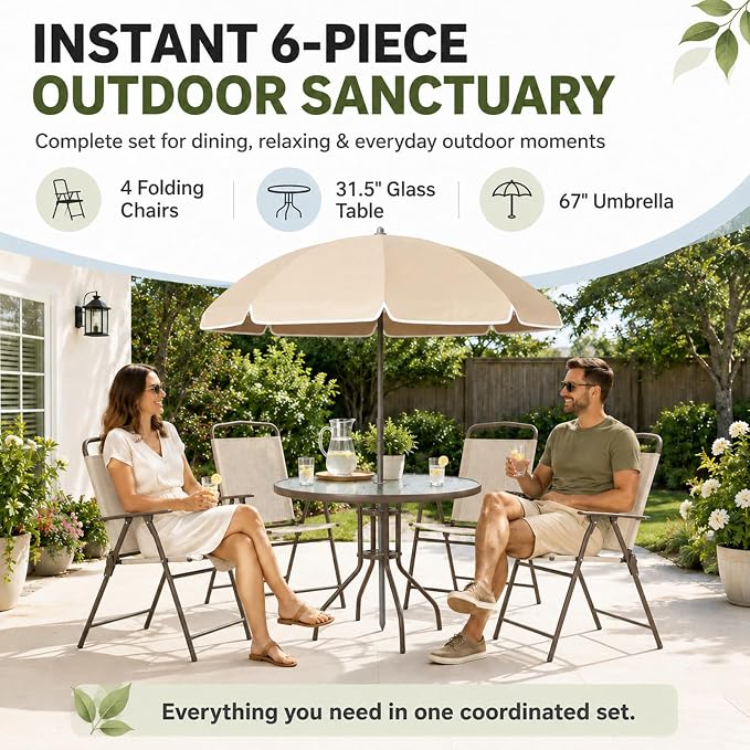 6-Piece Patio Dining Set for 4 with Umbrella, Outdoor Table and Chairs Set with 4 Folding Chairs, Round 31.5" Tempered Glass Table for Garden Backyard Poolside (Beige)